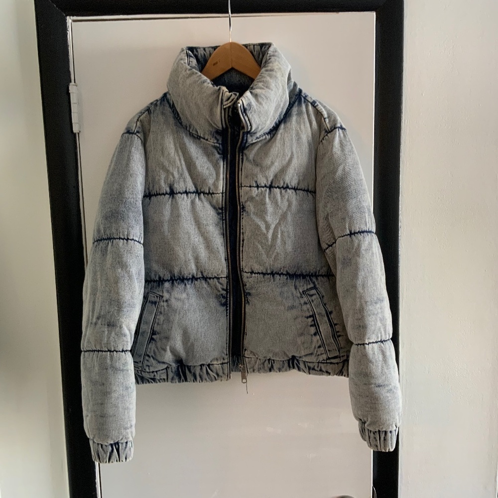 Garage Acid Wash Denim Puffer Jacket | Size Medium
